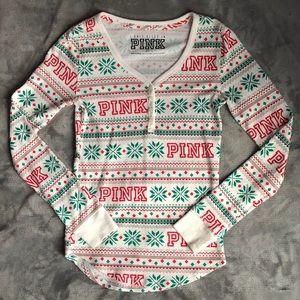 VS PINK Logo Christmas Thermal Sleeve Top ❄️